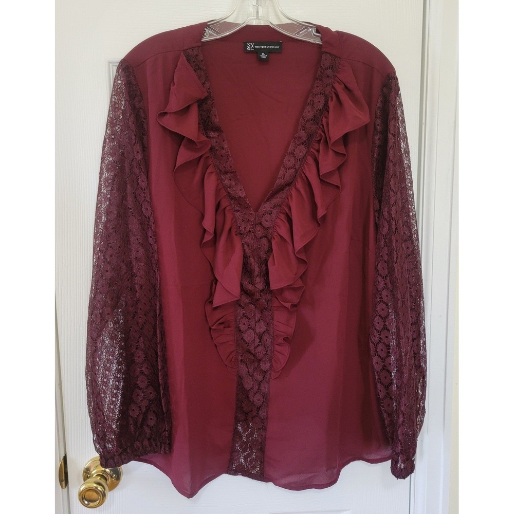 New York‎ & Company Burgundy Lace Sleeve Ruffle V-Neck Blouse XL Romantic